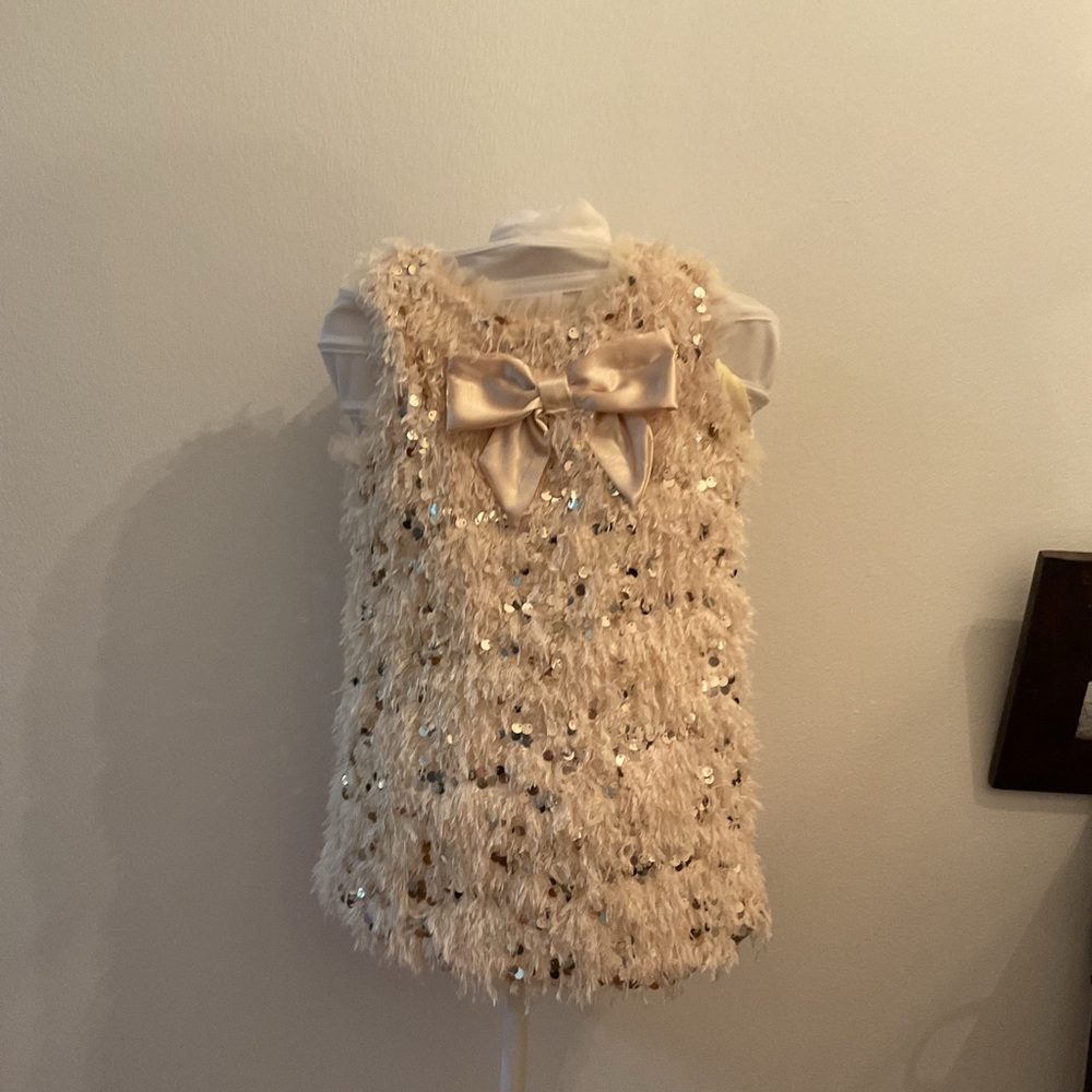 Girls Ivory Sequin Fringe Dress with Satin Bow – Size (Add Size)